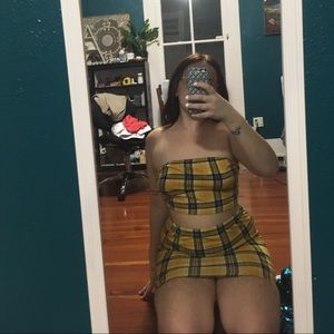 Yellow Plaid Matching Crop Top and Mini Skirt